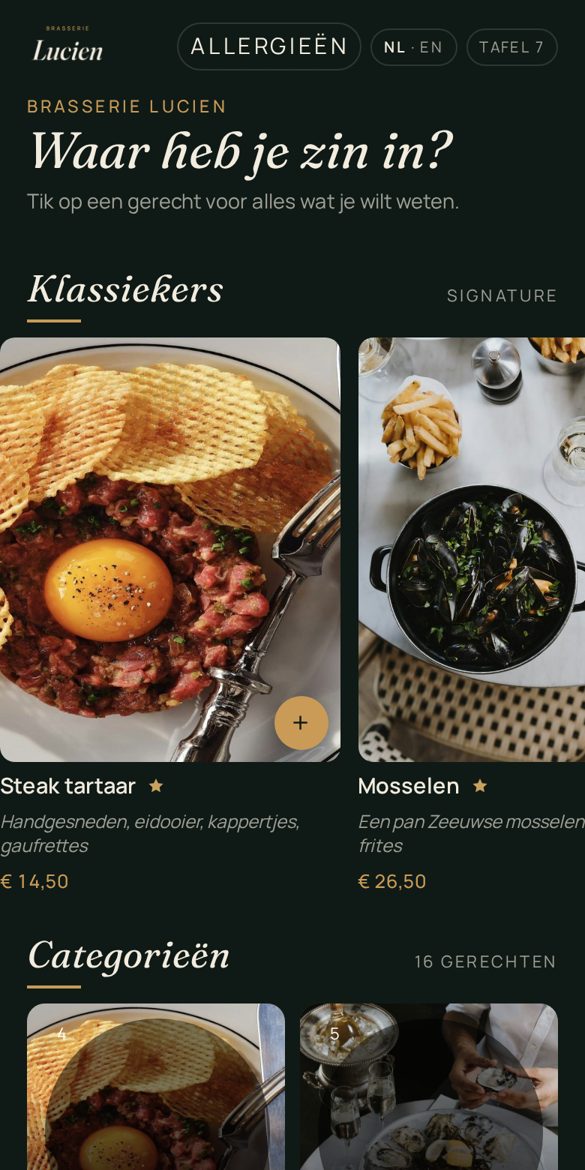 De kaart van voorbeeldrestaurant Lucien op een telefoon