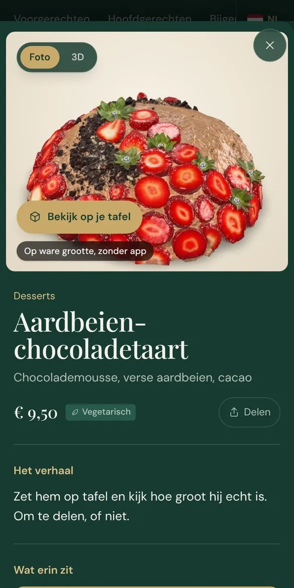 Een gerecht op de Morienco AR-kaart met de knop Bekijk op je tafel